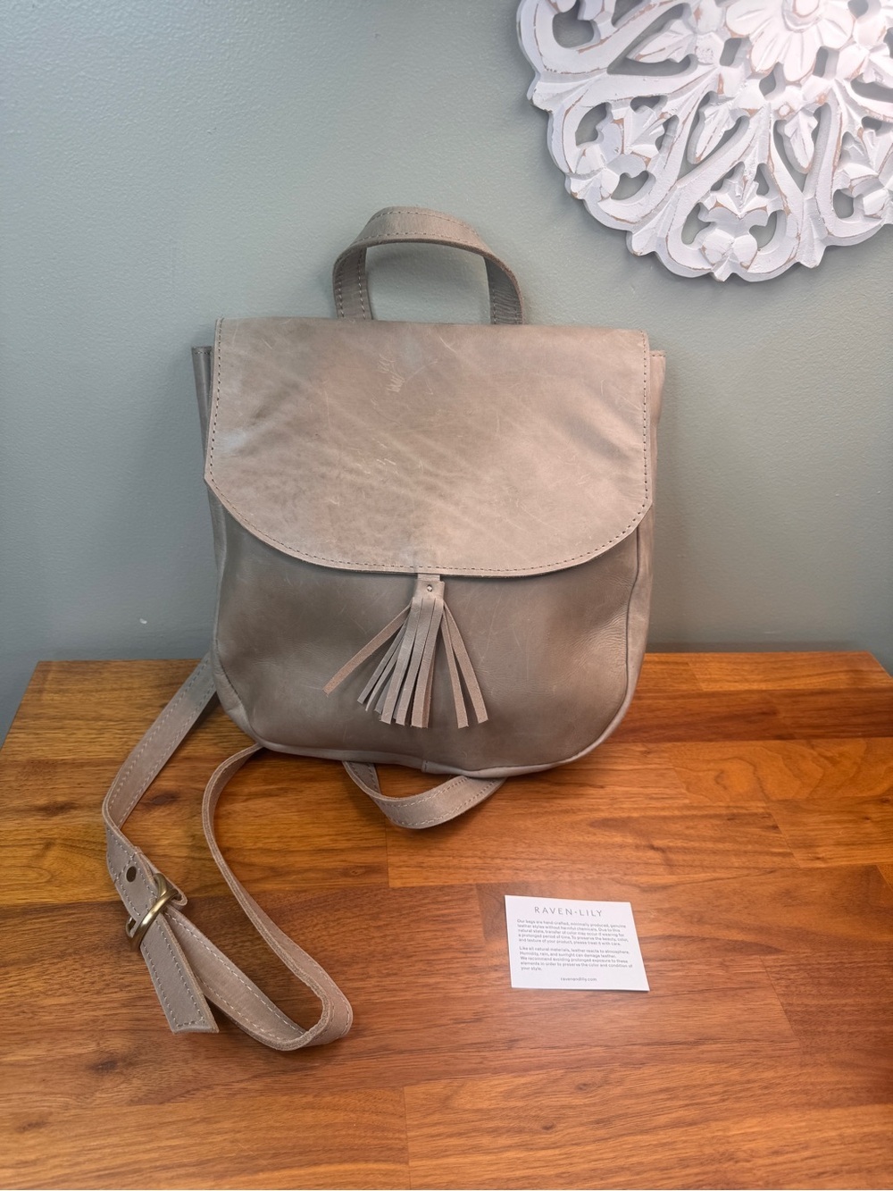 Raven + Lily Gray Taupe Leather Tassel Backpack Classic